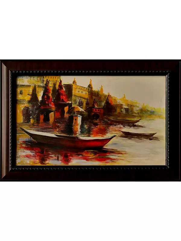 Boats on the Holy Ganga | Acrylic Painting on Canvas | Unframed | by Raj Kumar Singh