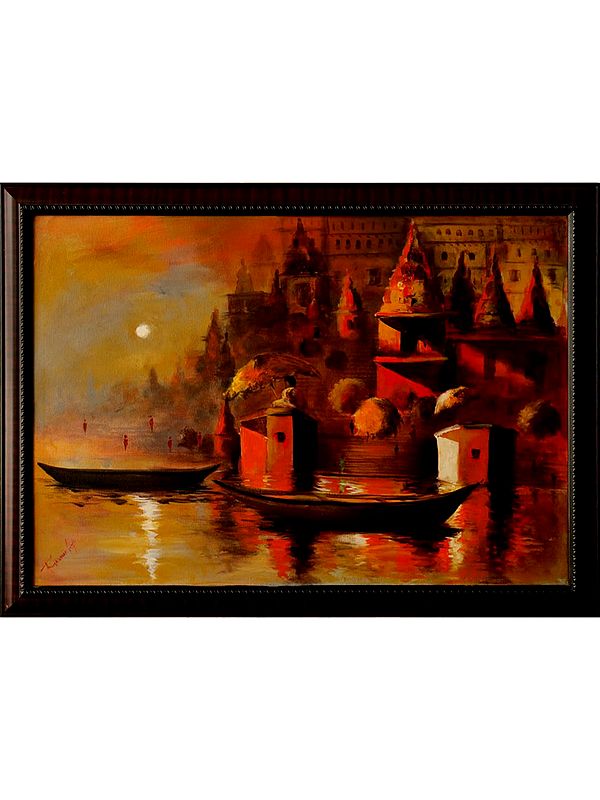 Boat in the River | Acrylic Painting on Canvas | Unframed | by Raj Kumar Singh