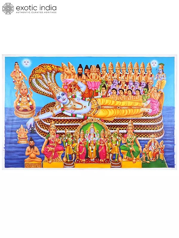 Sheshashayi Lord Vishnu Worshipped by Gods | Oil on Canvas Painting