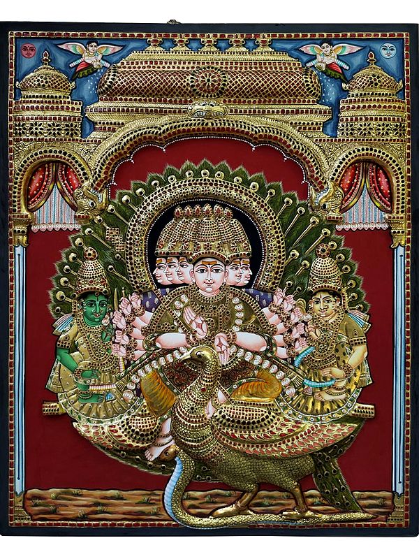 Shanmukha Murugan with His Consorts Devasena and Valli | Without Frame | Tanjore Painting