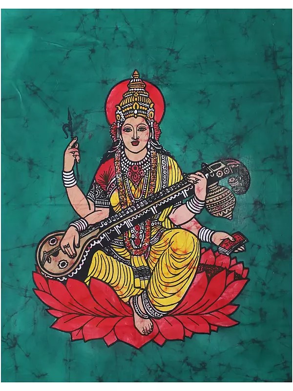 Devi Saraswati Seated on Lotus | Batik Painting
