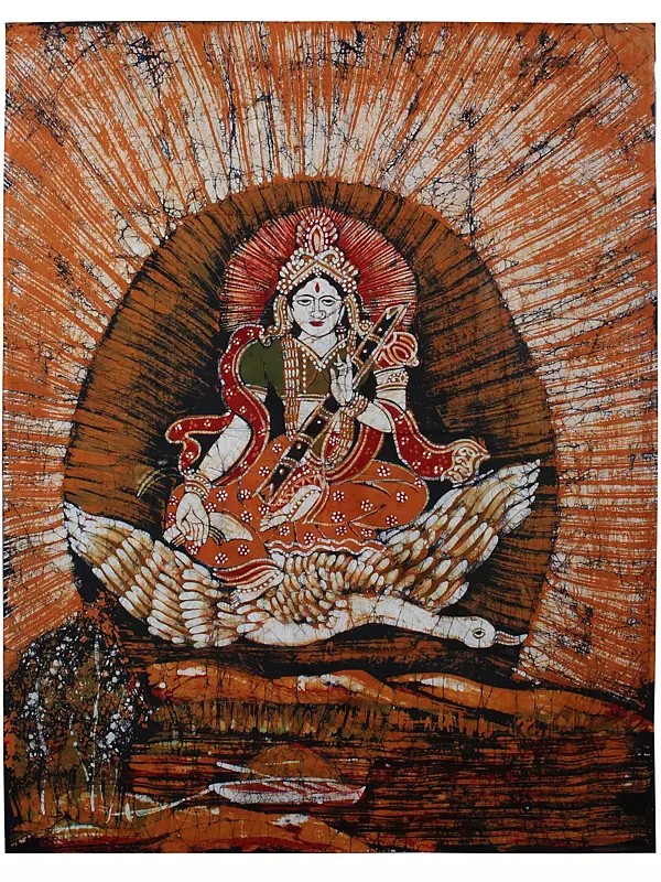 Goddess Saraswati Seated on Swan | Batik Painting