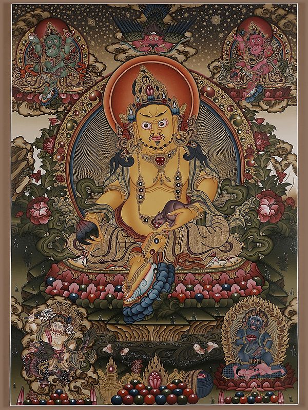 Buddhist God of Wealth - Panch Kubera Thangka Painting (Brocadeless)