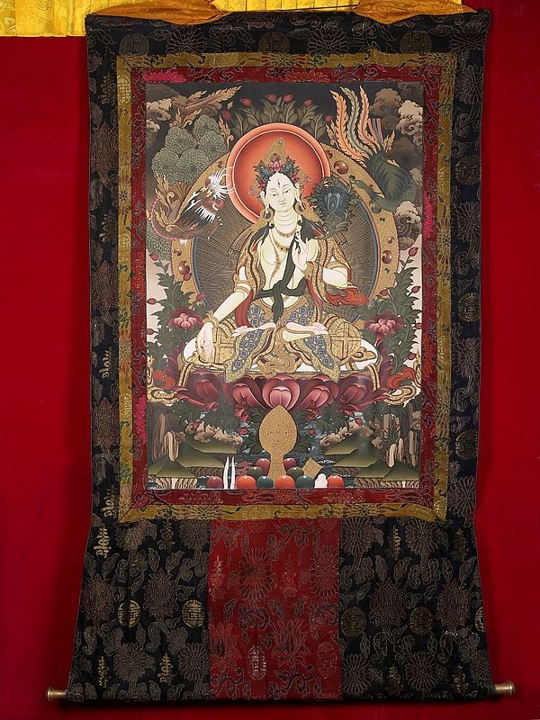 Goddess White Tara - Tibetan buddhist Deity (With Brocade Thangka)
