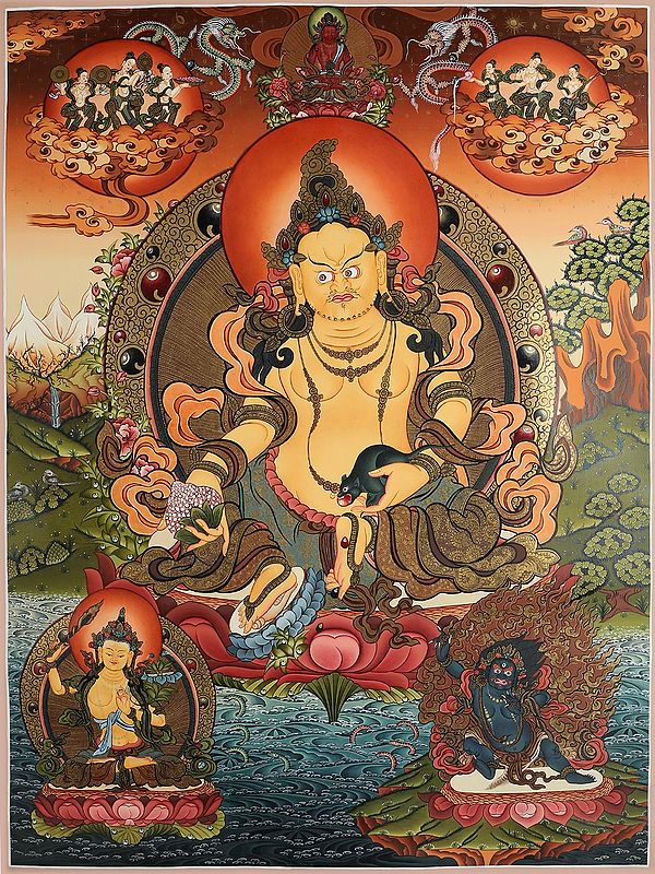 Thangka Painting of Lord Kubera - Buddhist God of Wealth (Brocadeless)
