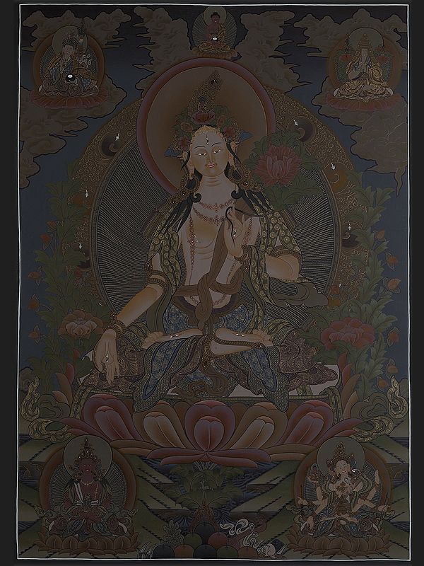 Goddess White Tara - Tibetan Buddhist Deity (Brocadeless Thangka)