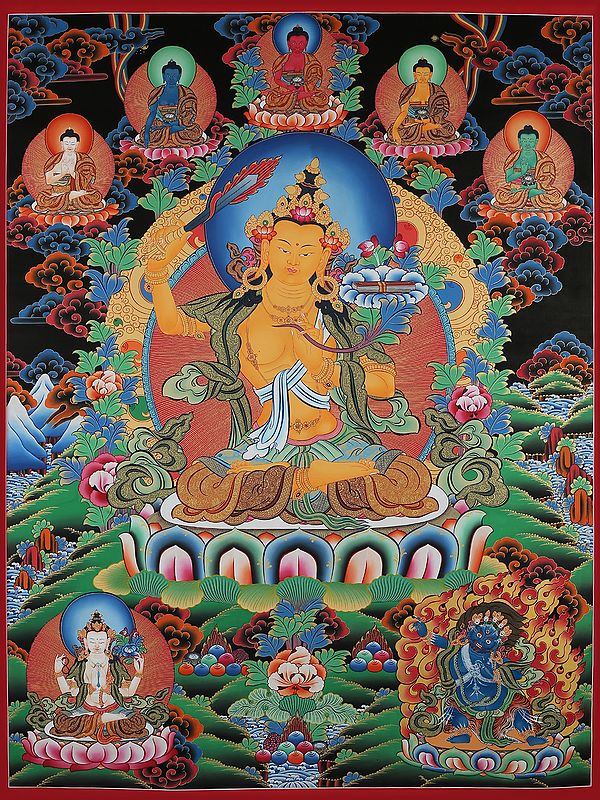 Buddhist Goddess Manjushri Thangka Painting (Brocadeless Thangka)