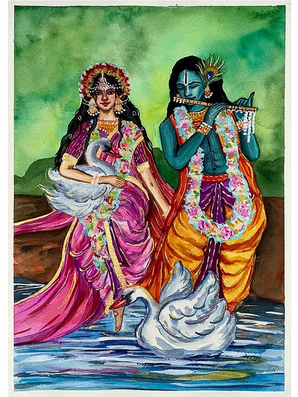Lord Krishna Playing Flute with Radha | Painting by Rashi Agrawal