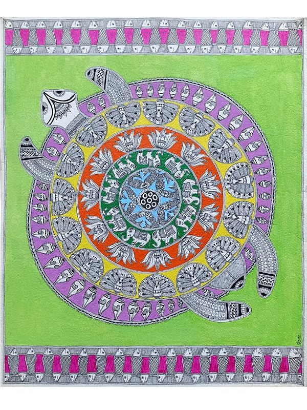 Knowledge in Shell - Turtle Godna | Acrylic on Paper | By Abhilasha Raut