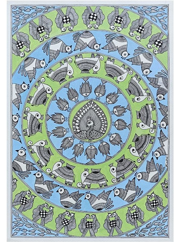 Godna - Bird Fishes and Elephant | Acrylic on Paper | By Abhilasha Raut