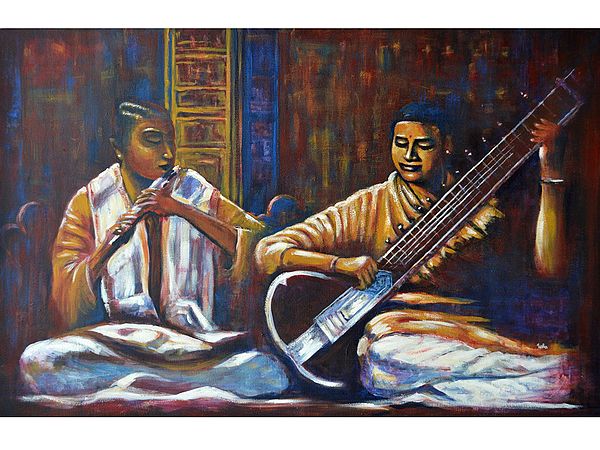 Musicians Playing Sitar and Flute | Painting by Usha Shantharam
