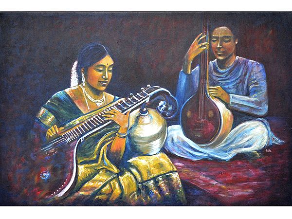 Musicians Playing Veena and Tamboora | Painting by Usha Shantharam