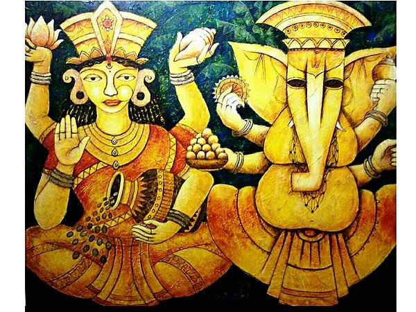 Lakshmi Ganesha | Acrylic On Canvas | By Anirban Seth