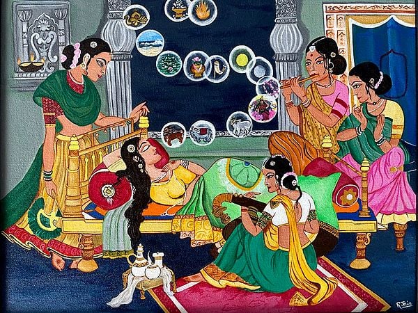 Fourteen Dreams of Trishala, the Mother of Tirthankara Mahavira (An Important Jain Painting) | Acrylics on Canvas Art by Rashi Jain