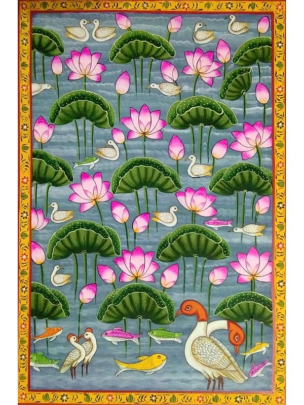 Lotus and Birds in Pond - Pichwai Art | Watercolor on Cloth | By Jagriti Bhardwaj