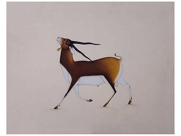 Beautiful Deer In Mughal Artform | Natural Color On Handmade Sheet | By Mukesh Vijay