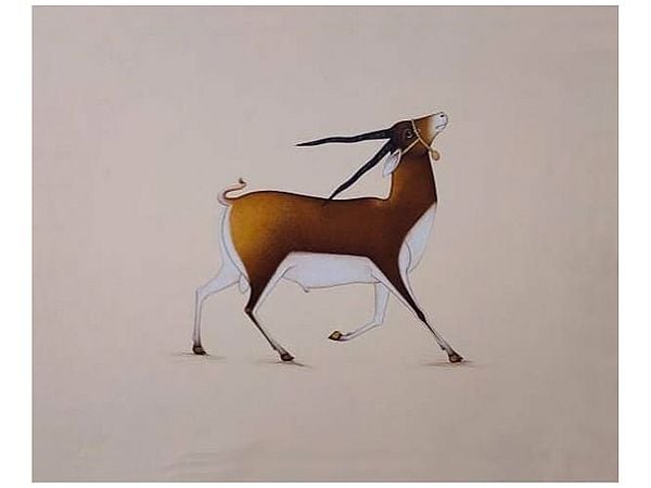 Walking Deer Of Mughal Painting | Natural Color With Gold Work | By Mukesh Vijay