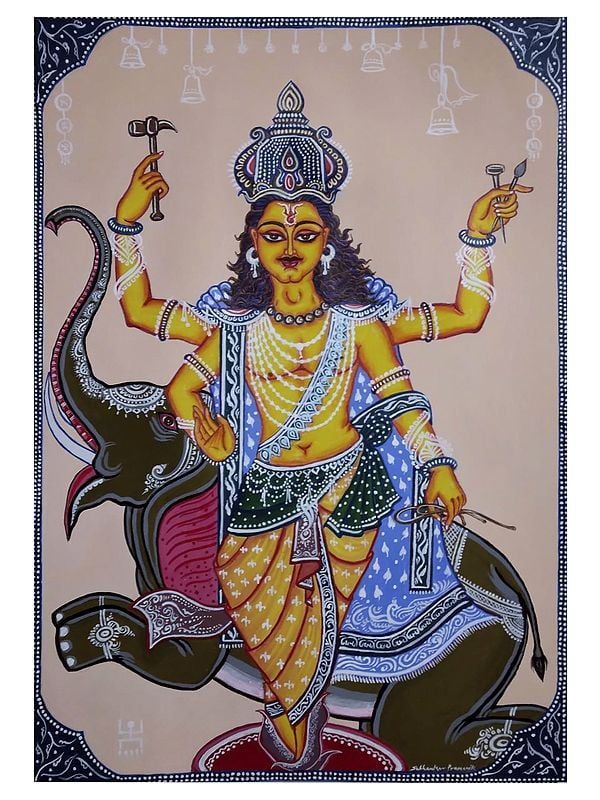 Dev Shilpi Vishwakarma - Kalighat Painting | Acrylic On Paper | By Subhankar Pramanik