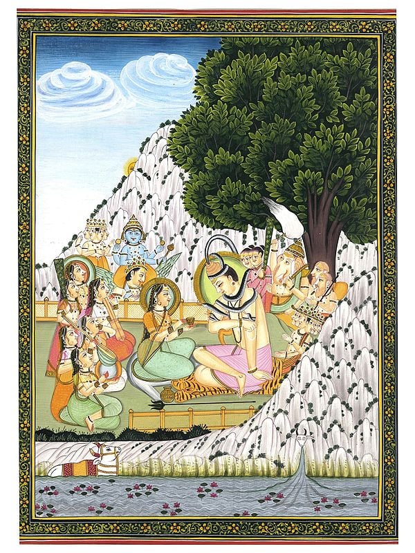 Shiva and Parvati with Devagana on Kailasha | Art by Sandeep on Handmade Hard Paper Water Color