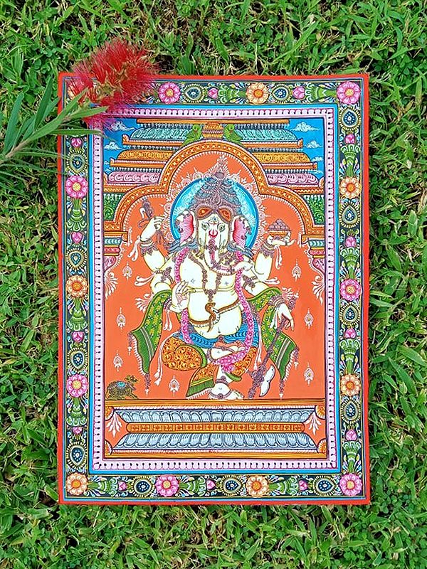 Dancing Chaturbhuj Lord Ganesha - Patachitra Painting | Stone Color Painting | By Biswajit Swain