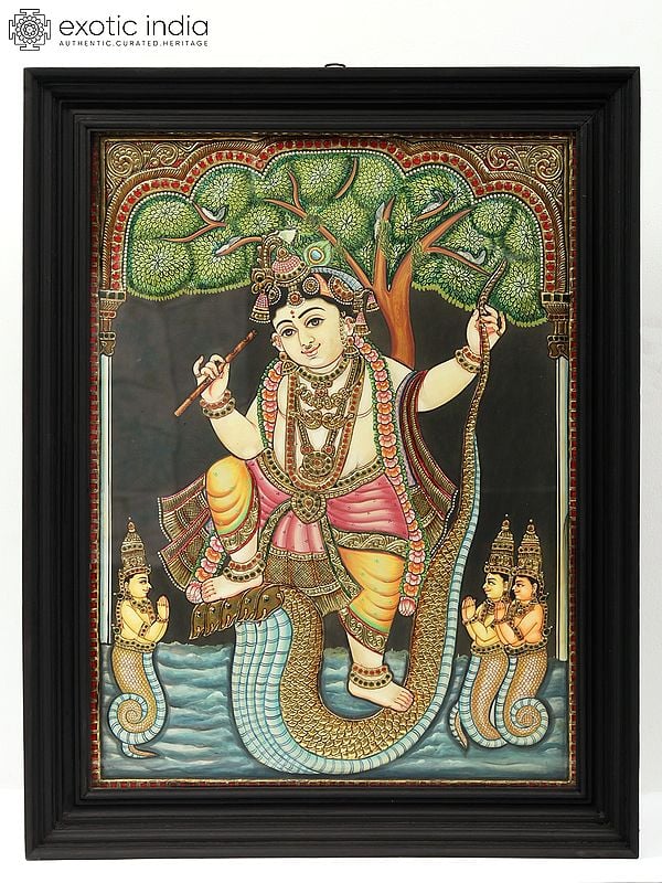 Lord Krishna Dancing On Serpent Kaliya - Tanjore Painting | Traditional Colors With Gold Work | With Frame
