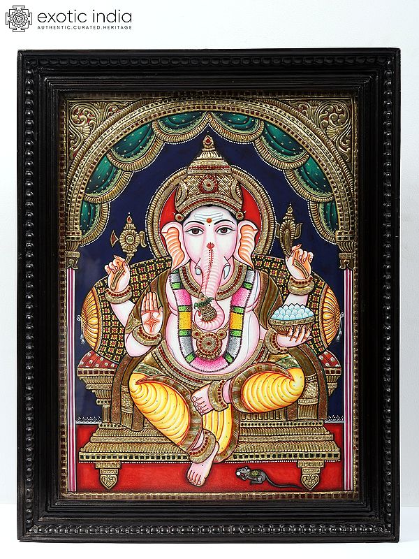Blessing Ganapati - Tanjore Painting | Traditional Colors With Gold Work | With Frame