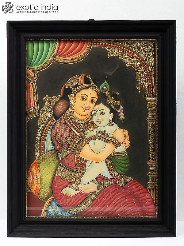 Little Krishna With Yashoda - Tanjore Painting | Traditional Colors With Gold Work | With Frame