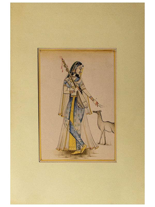 Painting of Mirabai with Deer | Natural Stone Colour on Paper | By Art Zeal