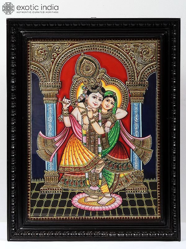 Dancing Radha Krishna | Tanjore Painting | With Frame