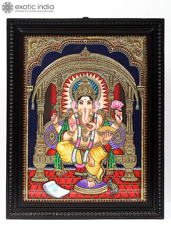Bhagawan Ganapati Seated on Throne | Tanjore Painting | With Frame
