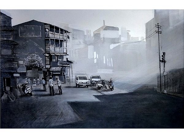 Evening Life in Old City | Acrylic and Charcoal on Canvas | Art by Harshad Godbole
