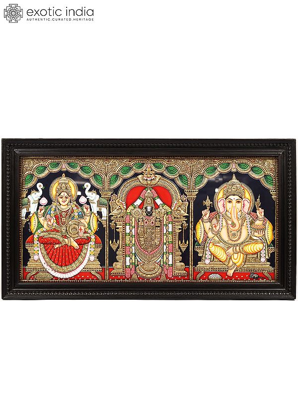 Gajalakshmi, Tirupati Balaji (Venkateshvara) and Ganesha | Tanjore Painting | With Frame