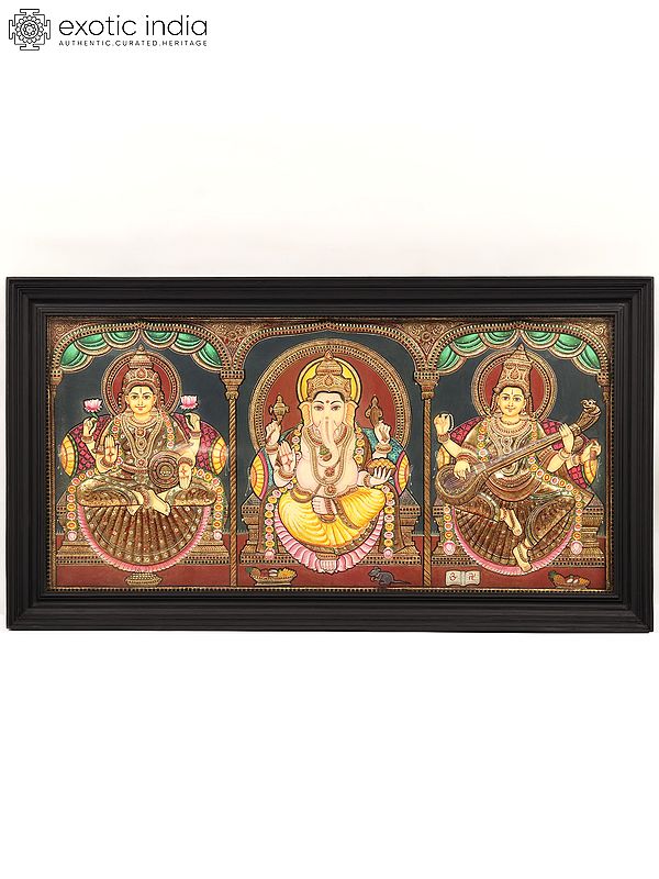 Lakshmi, Ganesha and Saraswati | Tanjore Painting | With Frame