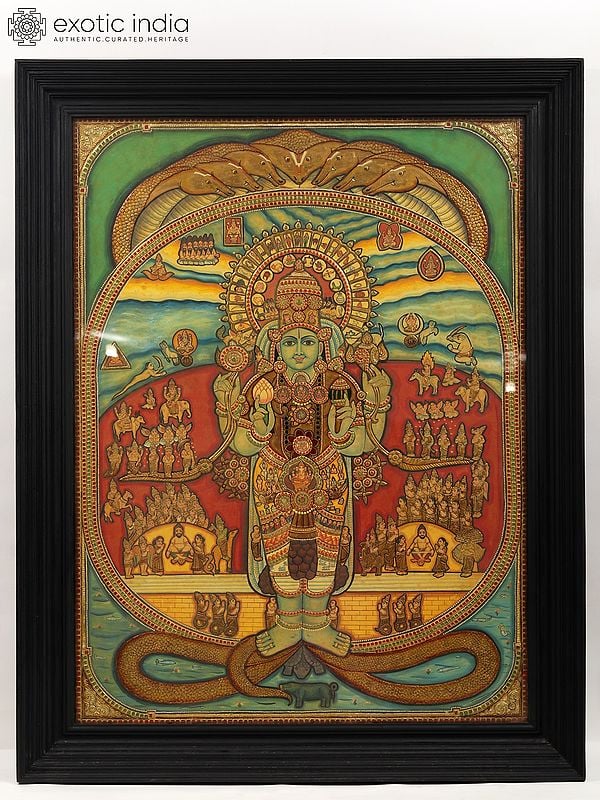 The Cosmic Form of Lord Krishna (Vishvarupam) | Tanjore Painting | With Frame