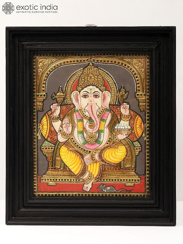 Sitting Lord Ganapati Tanjore Painting | With Frame