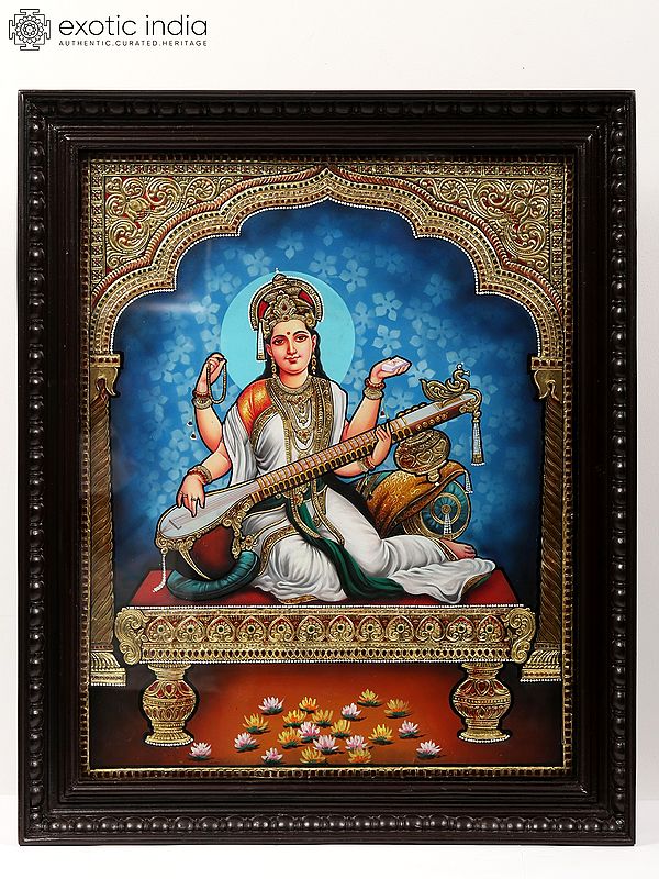 Devi Saraswati - Goddess of Knowledge | Tanjore Painting | With Frame