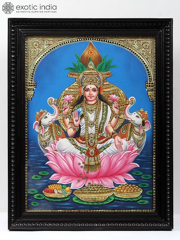 Gaja Lakshmi On Lotus - Embossed Tanjore Painting | Traditional Colors With Gold Work | With Frame