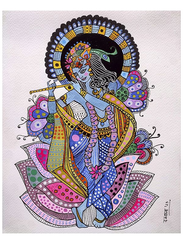 Krishna - Tune Of Flute | Acrylic And Ink On Paper | By Rukshana Tabassum