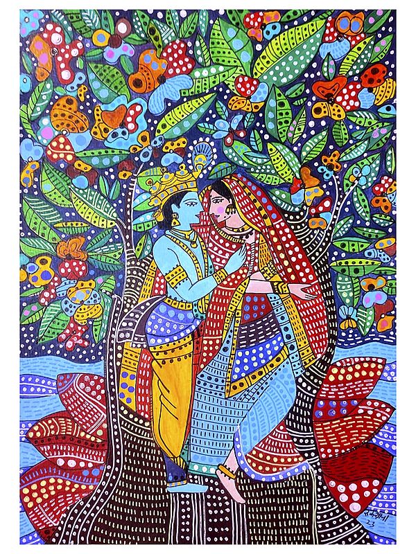 Kunjabihari - Raas of Radha and Krishna | Acrylic and Ink on Paper | By Rukshana Tabassum