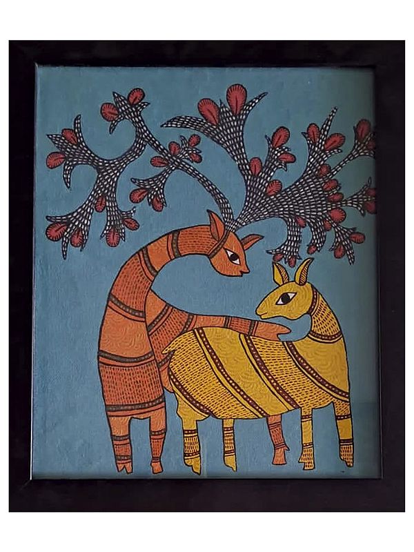 Pair of Beautiful Deer - Gond Art | Watercolor on Canvas Sheet | By Krishna Joshi