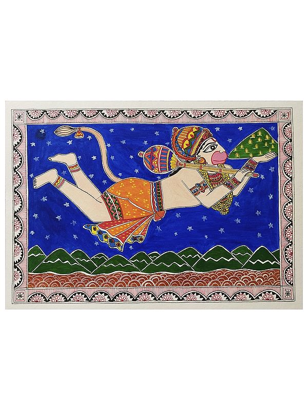Flying Lord Hanuman with Sanjeevani | Madhubani Painting by Nishu Singh