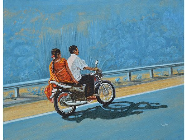 Couple Ride On Bike - Long Drive - Acrylic Painting | Acrylic On Canvas | By Usha Shantharam