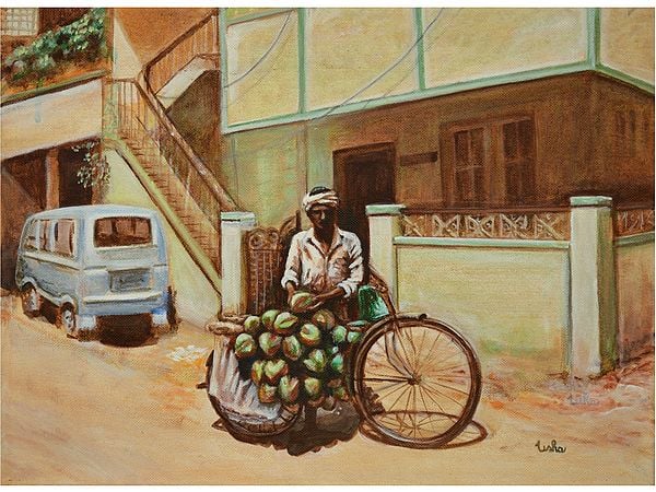 The Indian Coconut Vendor - Acrylic Painting | Acrylic On Canvas | By Usha Shantharam