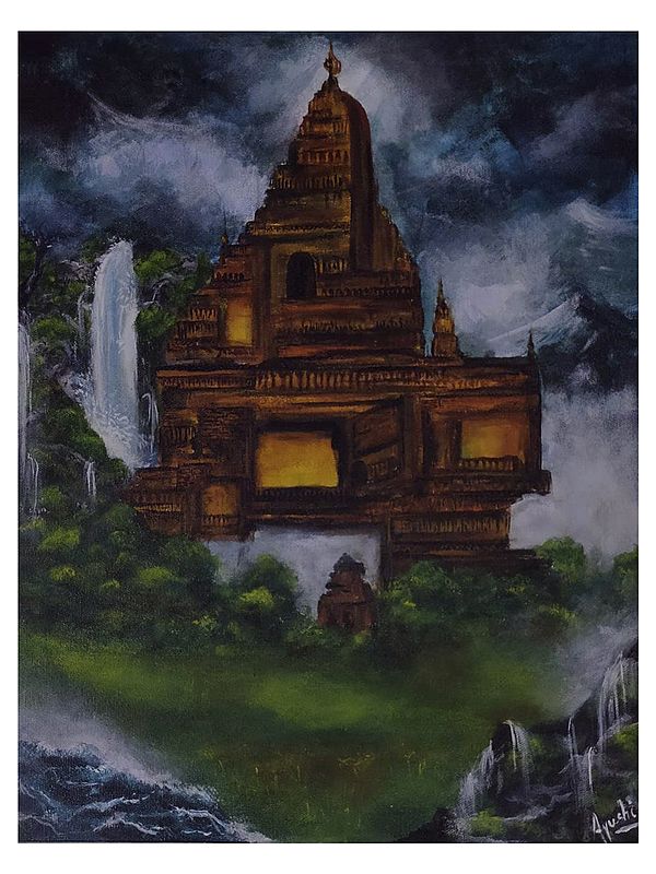 Beautiful Temple On Hill | Acrylic Color Painting On Canvas | By Ayushi