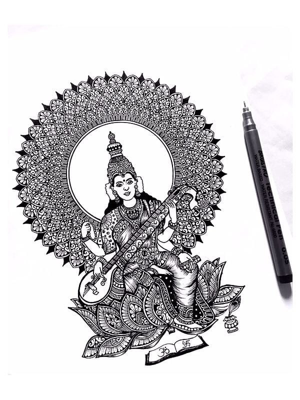 Goddess Saraswati Seated on Lotus with Mandala Arch | by Shivani Patra