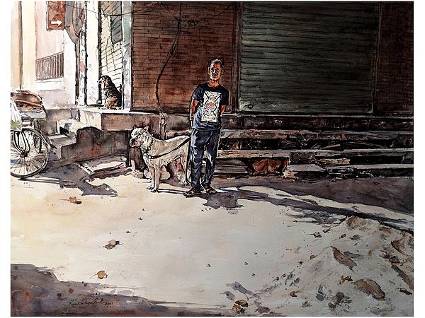 Three Worlds - Man With Dogs | Watercolor On Paper | By Ramkrishna Paul