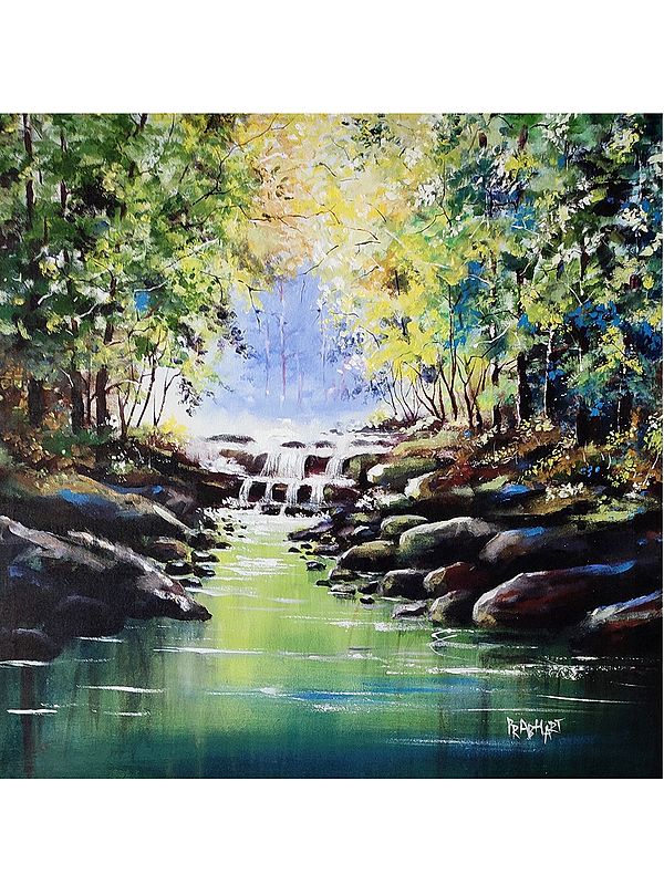 Flowing River Landscape | Acrylic On Canvas | By Prabhas Parappur