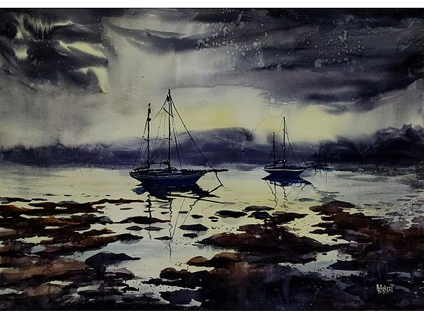 Sailboat In Waning Evening - Landscape | Watercolor On Fabriano Paper | By Prabhas Parappur