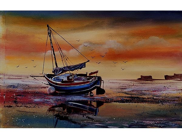 Joy Of Boat - Beautiful Landscape | Acrylic On Handmade Paper | By Prabhas Parappur