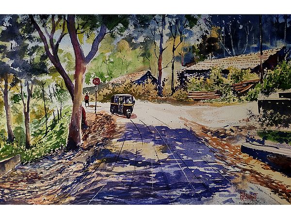 A Vehicle On Road | Watercolor On Handmade Paper | By Prabhas Parappur